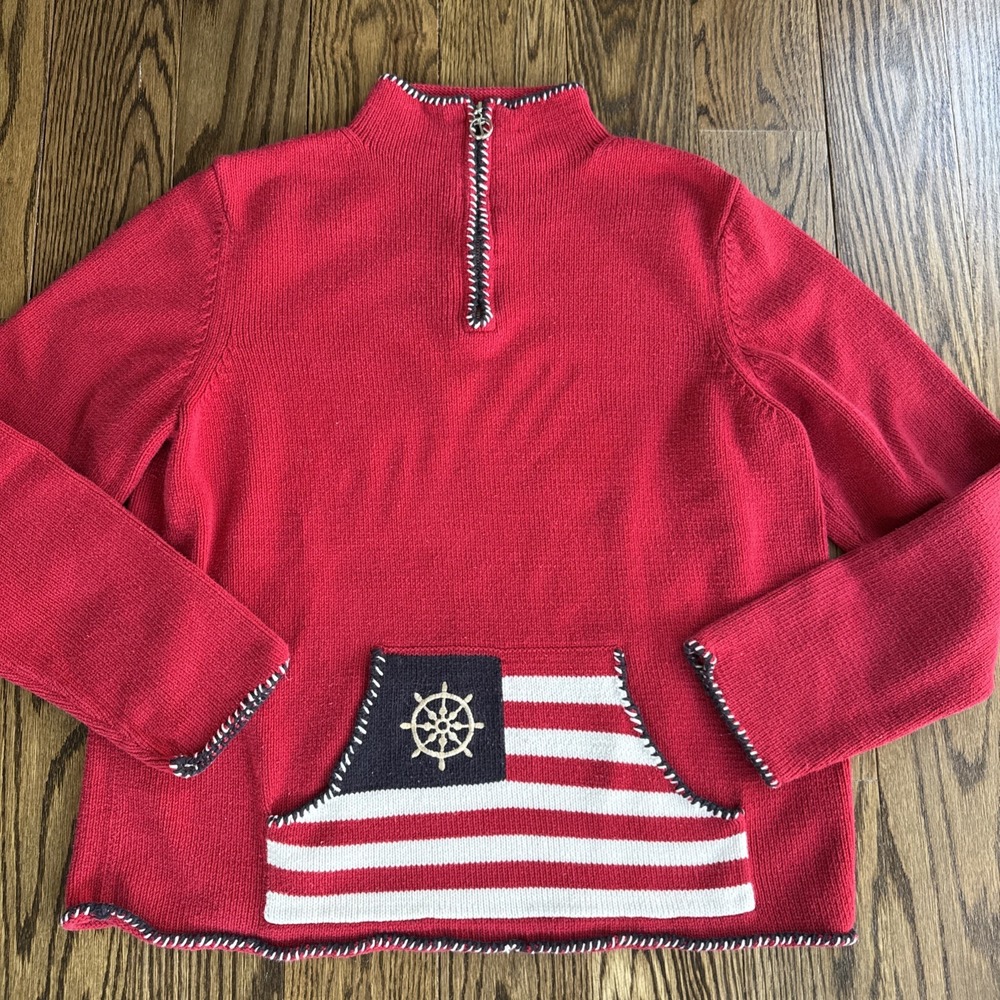 Vintage Village Sport Liz Claiborne Patriotic Sweater Nautical Flag 1/4 Zip L